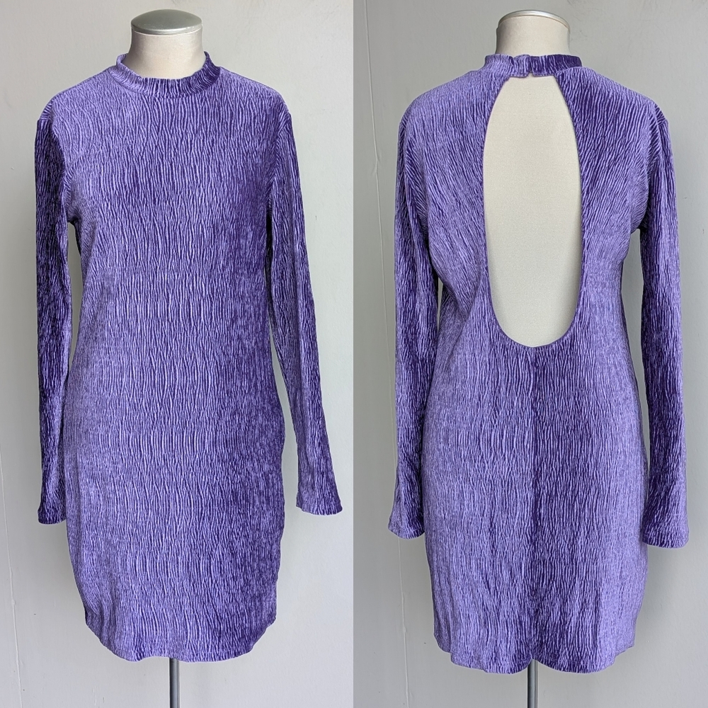 Purple crinkled velvet textured open back long sleeve dress
